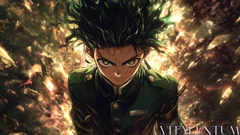 Intense anime hero channels explosive cosmic energy storm.