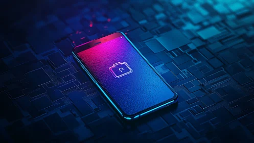 Neon-locked smartphone adrift in a glowing cyber grid.