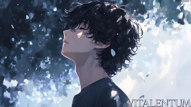 Solitary boy beneath shimmering leaves in soft light.