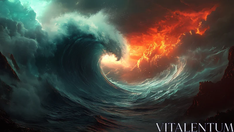 Turbulent ocean wave beneath contrasting colored sky.