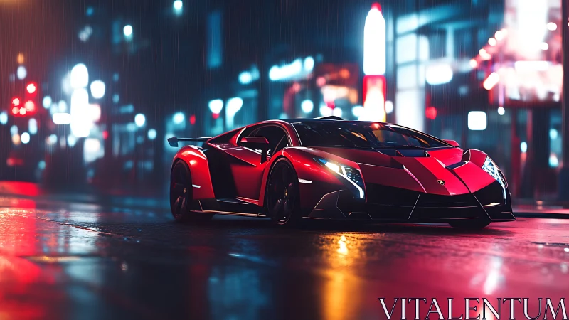 Cyberpunk supercar render in neon-soaked urban nightscape.