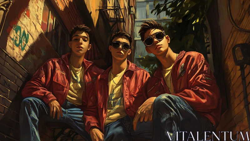 Three young men in red jackets sit in a narrow alleyway