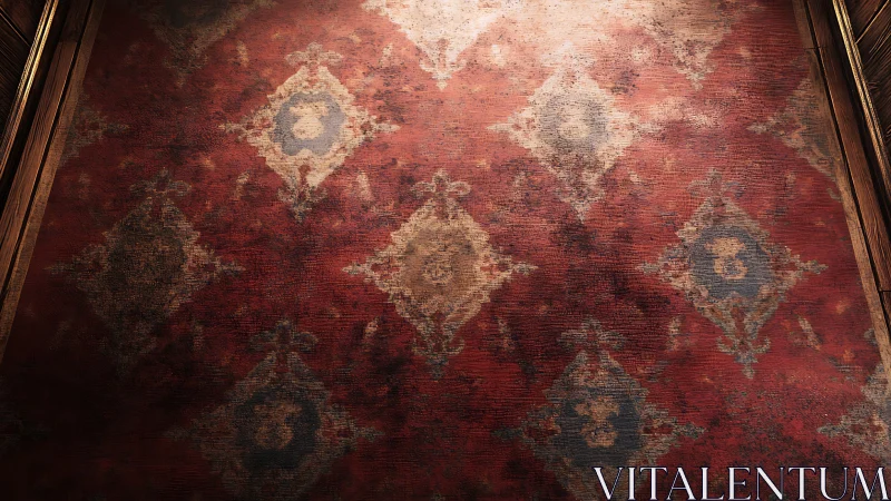 Worn red patterned rug with faded diamond motifs on floor.