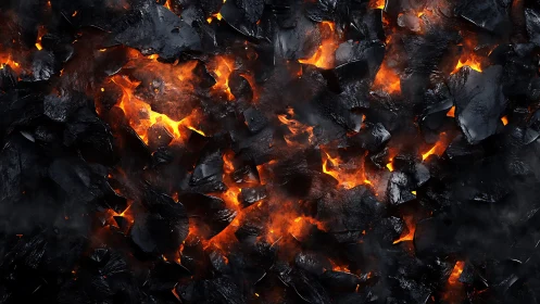 Actively burning charcoal bed with layered orange flames and blackened residue