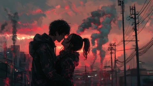 Teen couple embrace at dusk in smoky urban skyline.