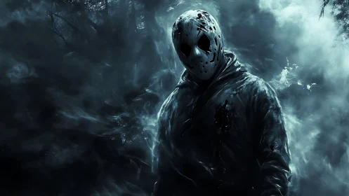 Masked figure stalks through eerie fog in haunted forest night