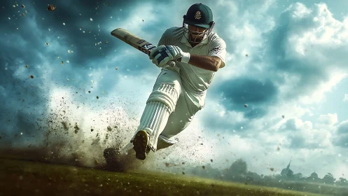 Dynamic low-angle cricket batsman sliding through flying turf