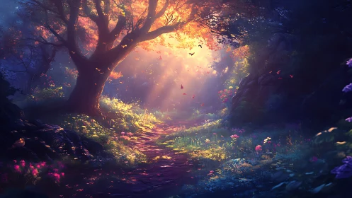 Sunlit forest path where quiet magic hums in the air.