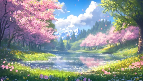 Spring mountain lake with cherry blossoms in bloom.