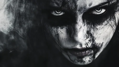 Storm-eyed revenant in smeared charcoal warpaint glare.