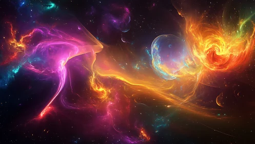 Cosmic nebula streams swirl in luminous rainbow colors.