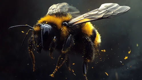 Hyper-detailed 3D render shows a flying bee in midair