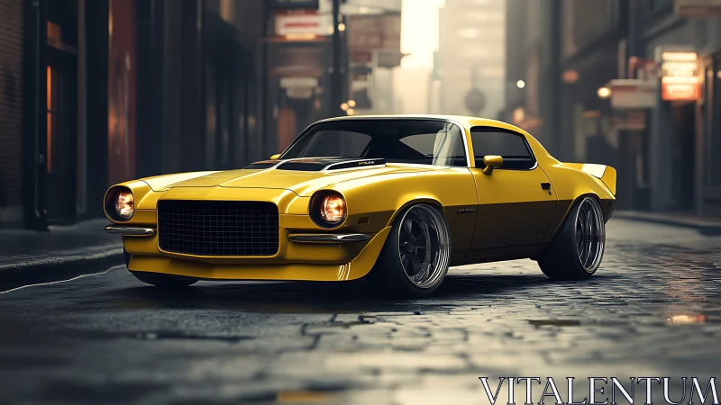 Yellow classic muscle car on wet cobblestone city street.