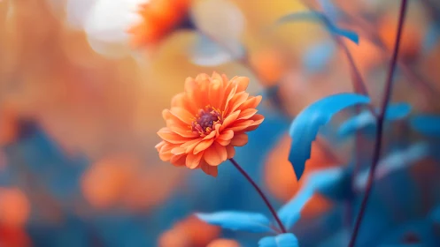 Dahlia Bloom with Bokeh: Macro Floral Composition with Warm Amber and Cool Blue Palette.
