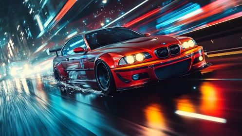Red sports coupe racing through wet neon city streets.