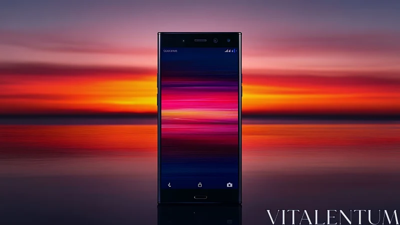 Smartphone centered against vivid sunset seascape backdrop.
