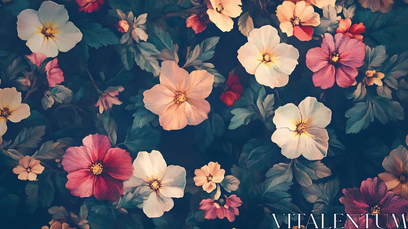 Vintage Floral Garden: Blooming Cosmos on Deep Teal.