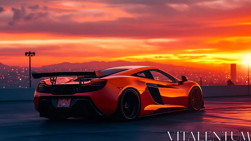 Widebody orange supercar at rooftop under neon sunset sky