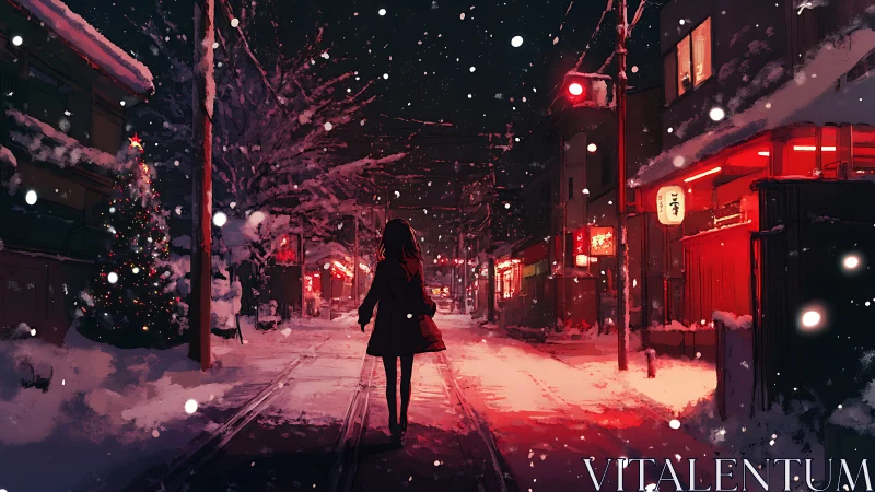 Snowy anime street with lone girl under red lantern glow.