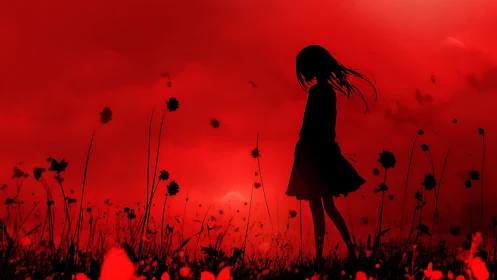 Silhouetted girl in red poppy field under atmospheric sky