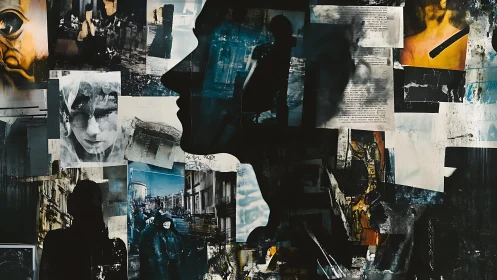Fragmented urban portraits in layered noir collage artwork.