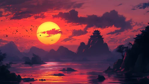 Crimson temple islands sipping the last molten sunbeam glow.