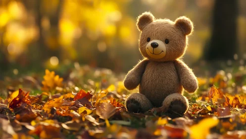 Smiling teddy bear rests in warm golden autumn forest light