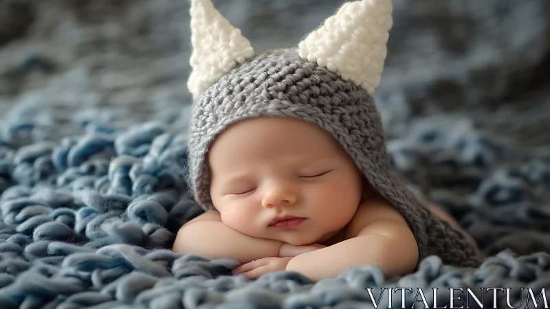 Sleeping Newborn in Gray Knit Cat Ears Beanie on Textured Backdrop.