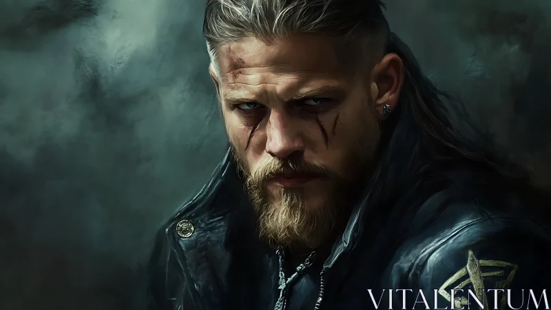 Scarred warrior in leather jacket stares through stormy shadows.