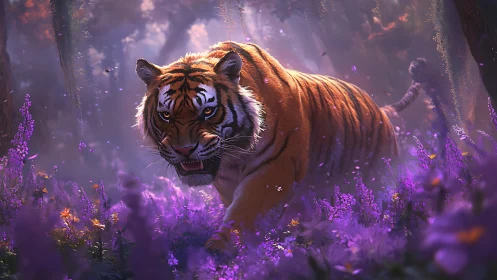 Tiger moving through dense purple forest under soft light.