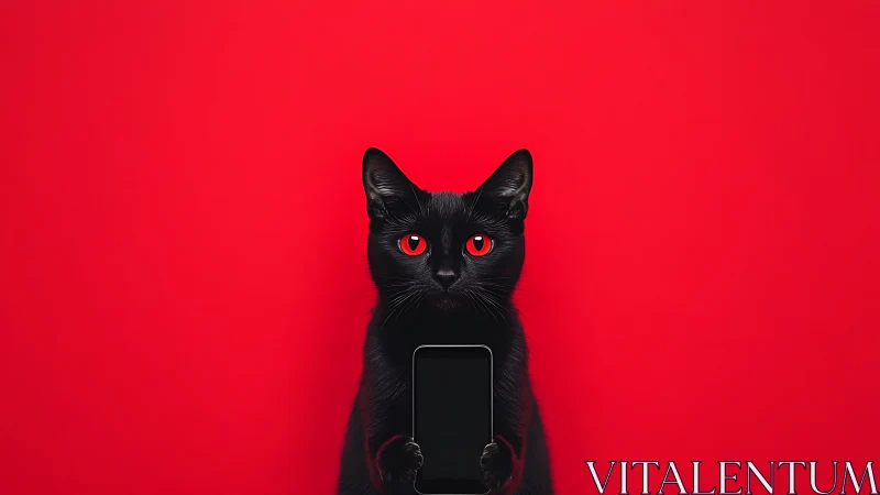 Black Cat with Glowing Red Eyes Holds Dark Phone.