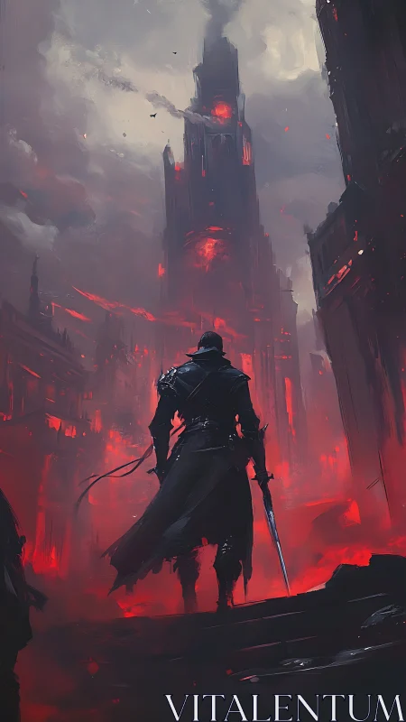 Dark tower ascent with lone swordsman in infernal palette.