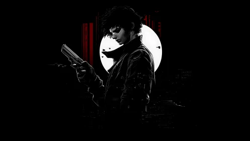 Noir gunfighter silhouetted against stark lunar halo.