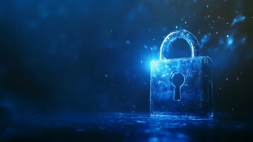 Translucent padlock rendered in blue digital lighting.