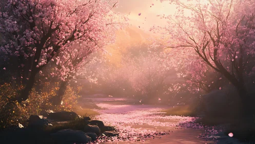 Cherry blossom trees line a soft-lit stream at sunrise