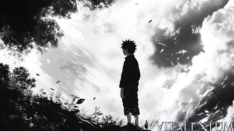 Solitary anime boy against storm-swept monochrome sky.
