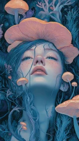 Bioluminescent mycology nymph immersed in ethereal fungal growth