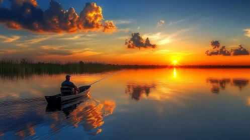 Gentle evening fisherman drifts quietly across golden lake