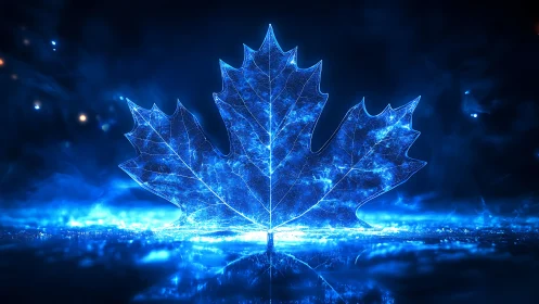 Holographic maple leaf emblem in luminous cyber-blue field.