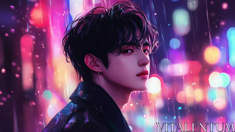 Neon rainlights and a quiet gaze in the midnight city.