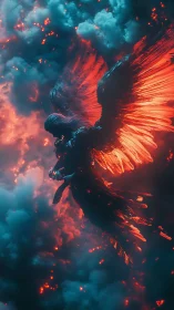 Ember-winged fallen angel drifts through a storm of cinders