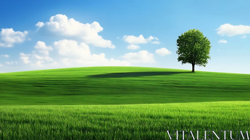 Photorealistic lone tree on sunlit rolling grassland horizon.