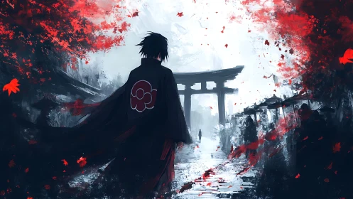 Lone wanderer beneath crimson leaves and misted gates.