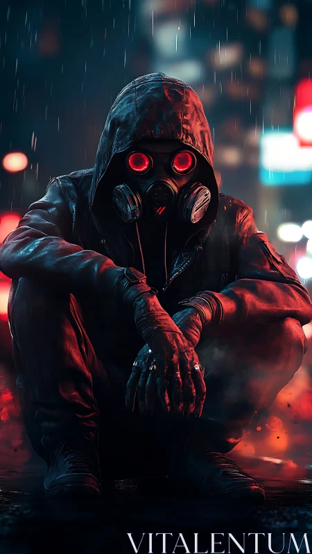 Gas-masked hooded figure in neon-lit rainy cyberpunk alley