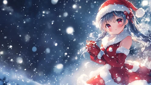 Snowy anime girl in Santa dress holds glowing gift box.