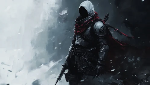 Hooded armored warrior strides through stormy shadows.