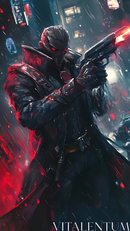 Cybernetic enforcer aims handgun amid neon rain-soaked alley