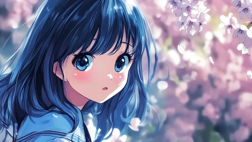 Blue haired schoolgirl portrait beneath soft-focus cherry blossoms