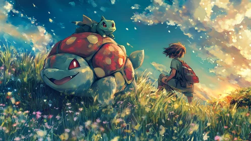 Trainer sits beside two fantasy creatures in grassy field