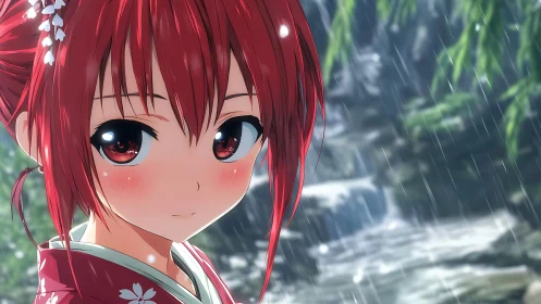 Scarlet kimono girl listening to rainfall by forest stream.